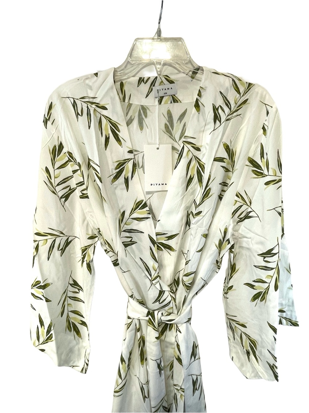 Piyama Short Kimono White Robe with Olive Leaf Print Women’s Size XL